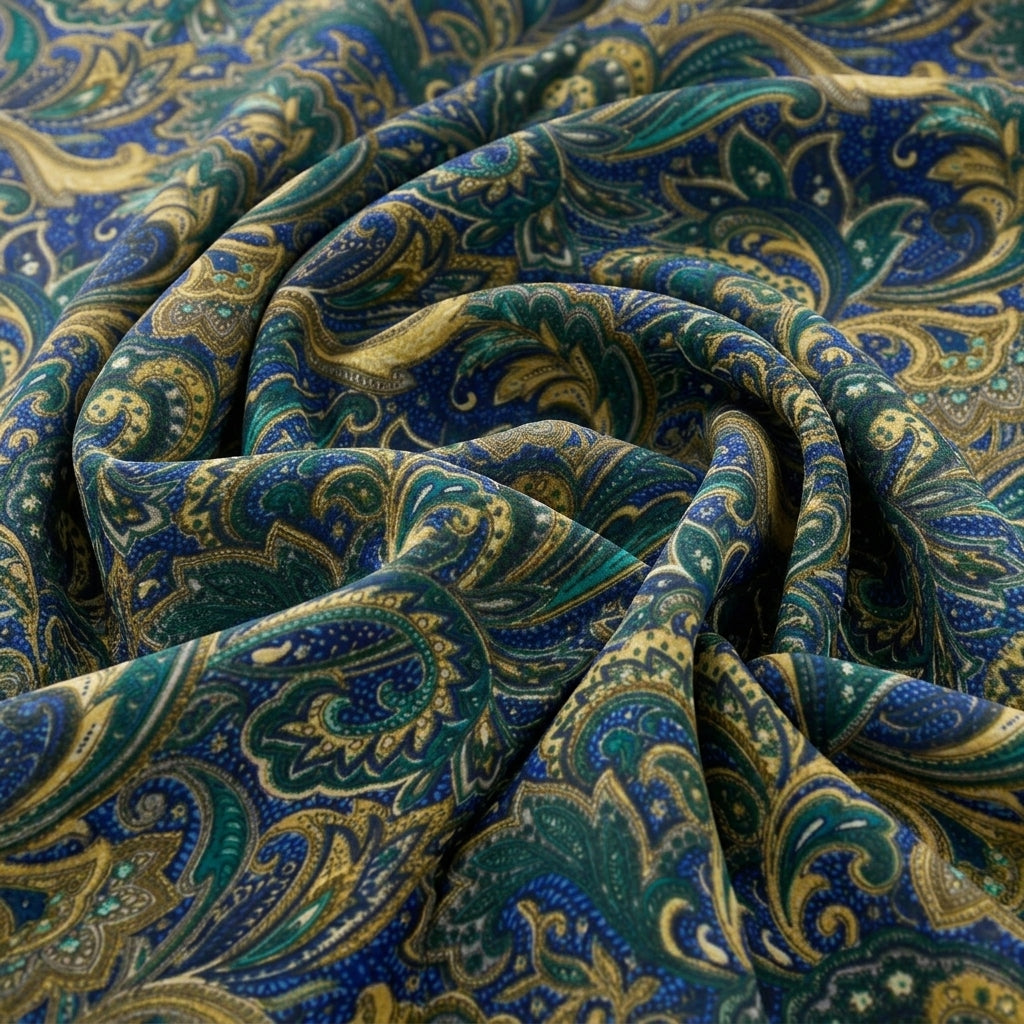 Swirled Blue Paisley Crepe Fabric Showing Drape