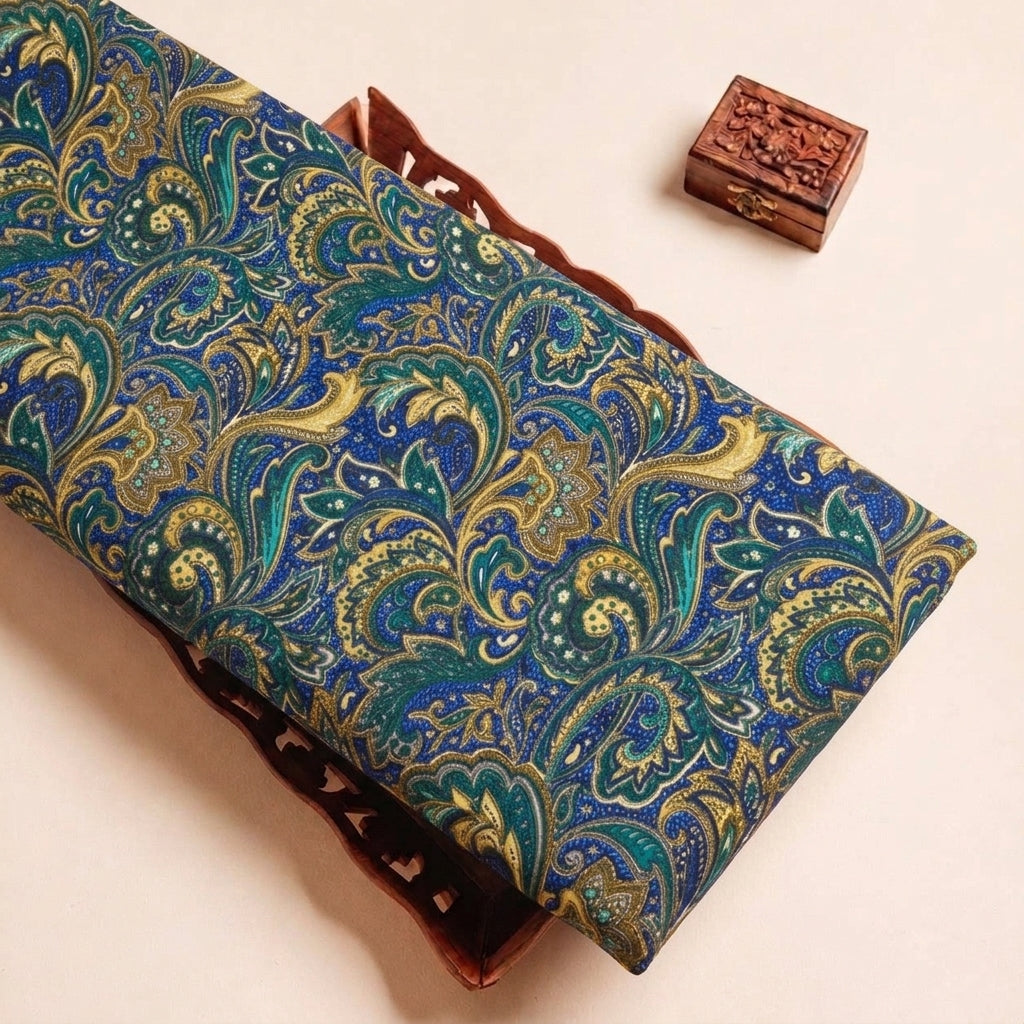 Folded Blue Paisley Crepe Fabric Highlighting Texture