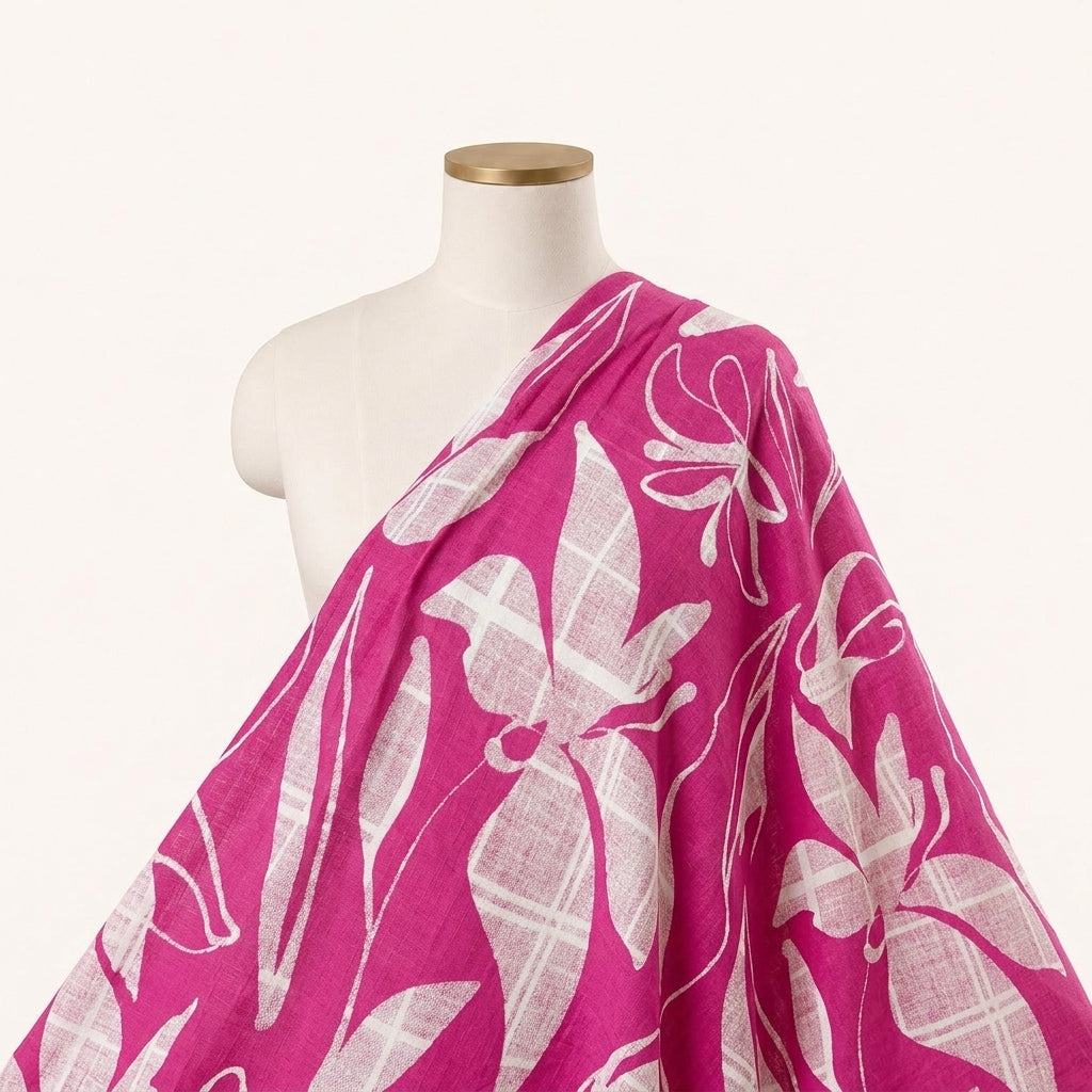 Pink Leaf Rayon Fabric Draped as a saree