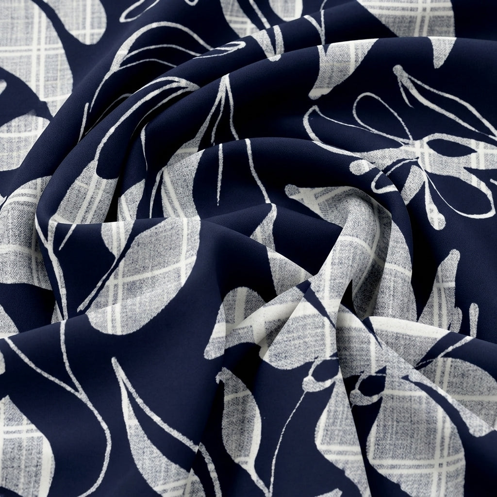 Swirled Navy Blue Leaf Rayon Fabric Showing Drape
