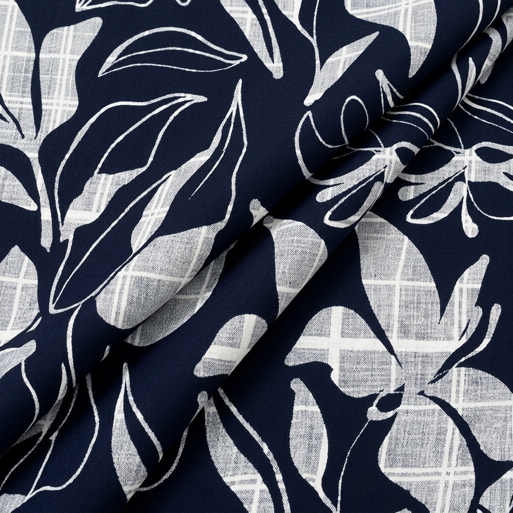 Folded Navy Blue Leaf Rayon Fabric