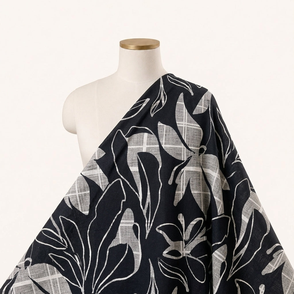Black Leaf Rayon Fabric Draped as a saree