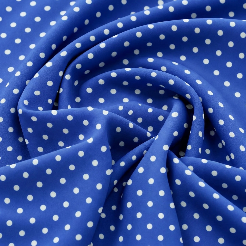 Swirled Blue Polka Dots Cotton Fabric Showing Drape