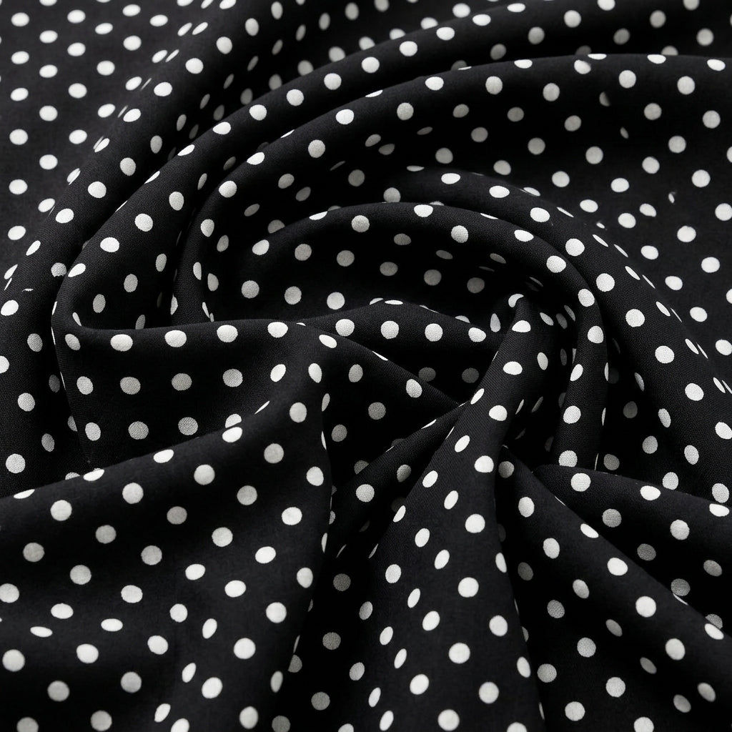Swirled Black Polka Dots Cotton Fabric Showing Drape