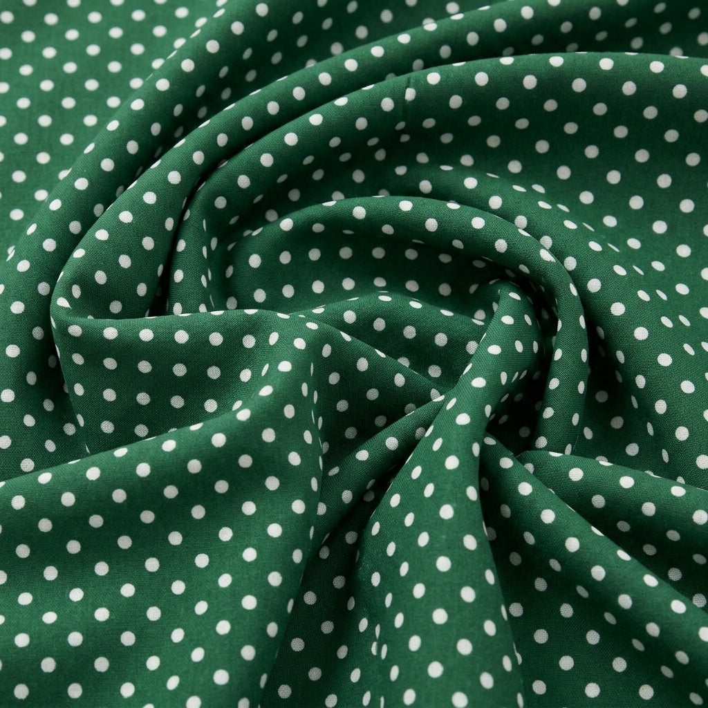 Swirled Green Polka Dots Cotton Fabric Showing Drape
