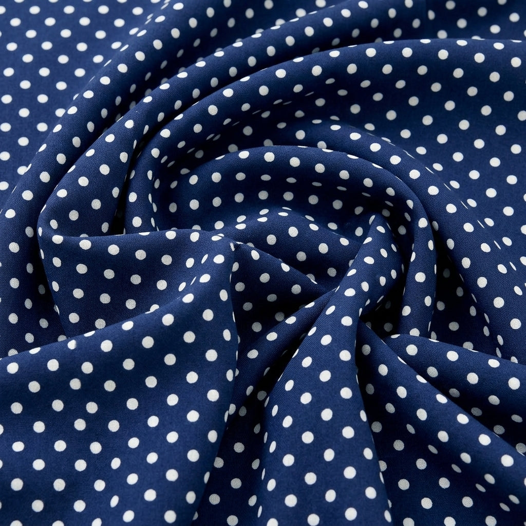 Swirled Blue Polka Dots Cotton Fabric Showing Drape