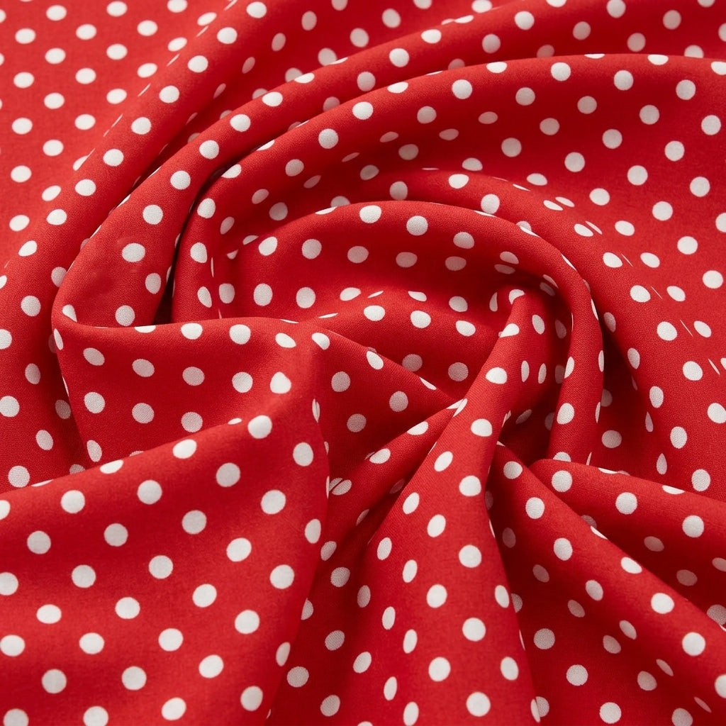Swirled Red Polka Dots Cotton Fabric Showing Drape