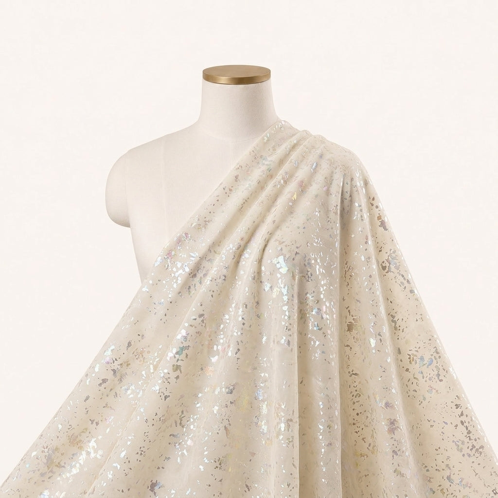 Cream Shimmer Tissue Fabric, draped as a saree