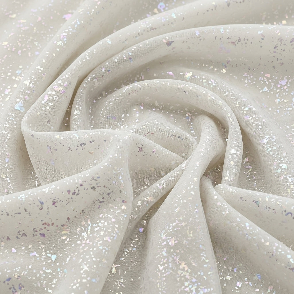 Swirled White Shimmer Tissue Fabric Showing Drape
