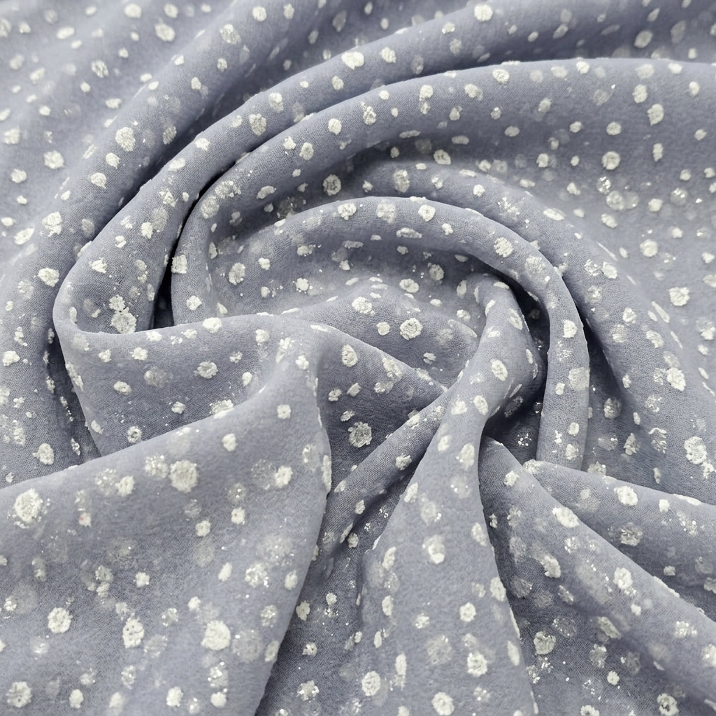 Swirled Grey Butta Organza Fabric Showing Dusted Glitter and Drape