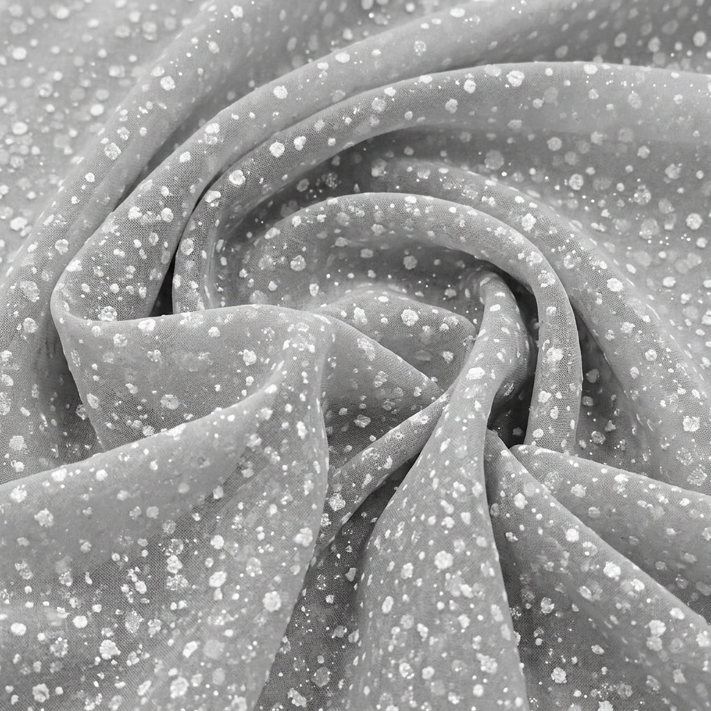Swirled Light Grey Butta Organza Fabric Showing Dusted Glitter and Drape