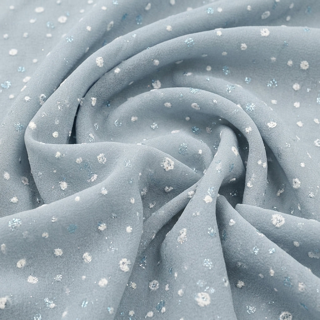 Swirled Light Blue Butta Organza Fabric Showing Dusted Glitter and Drape