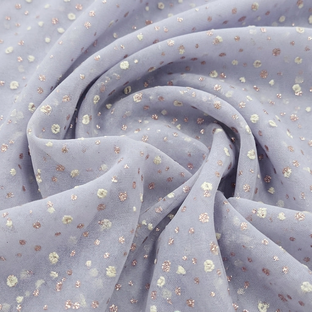 Swirled Light Violet Butta Organza Fabric Showing Dusted Glitter and Drape