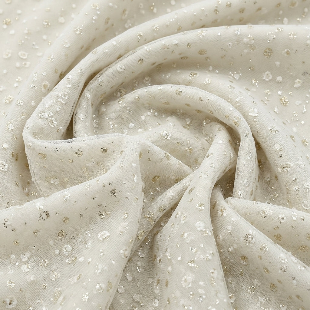 Swirled Cream Butta Organza Fabric Showing Dusted Glitter and Drape