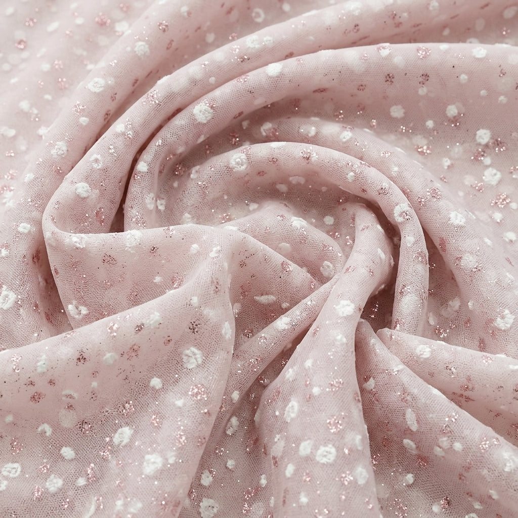 Swirled Light Pink Butta Organza Fabric Showing Dusted Glitter and Drape
