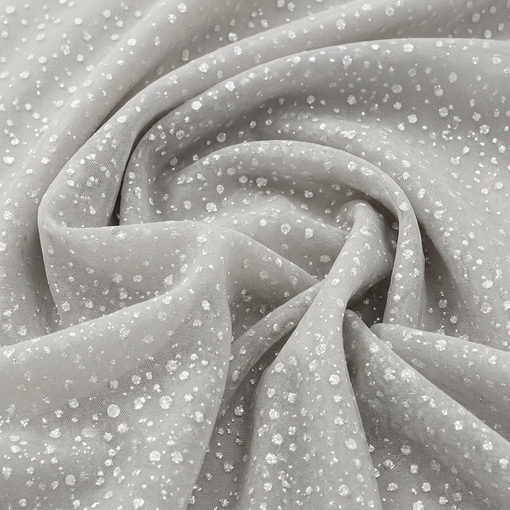 Swirled Dark Grey Butta Organza Fabric Showing Dusted Glitter and Drape
