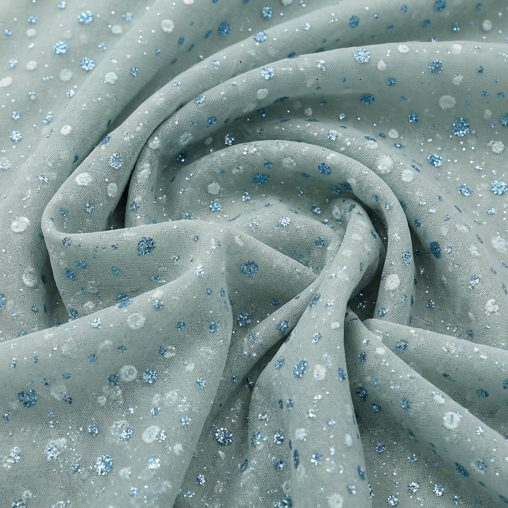 Swirled Green Butta Organza Fabric Showing Dusted Glitter and Drape