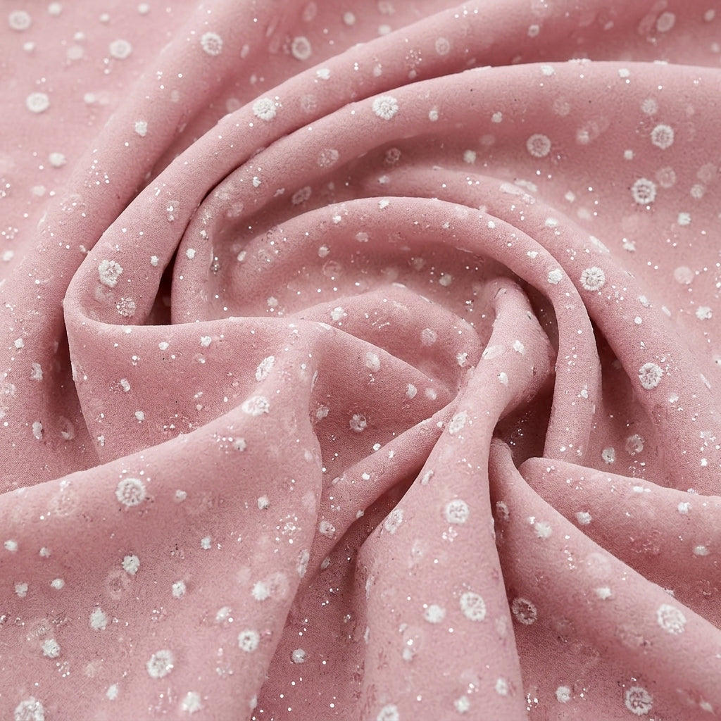 Swirled Pink Butta Organza Fabric Showing Dusted Glitter and Drape