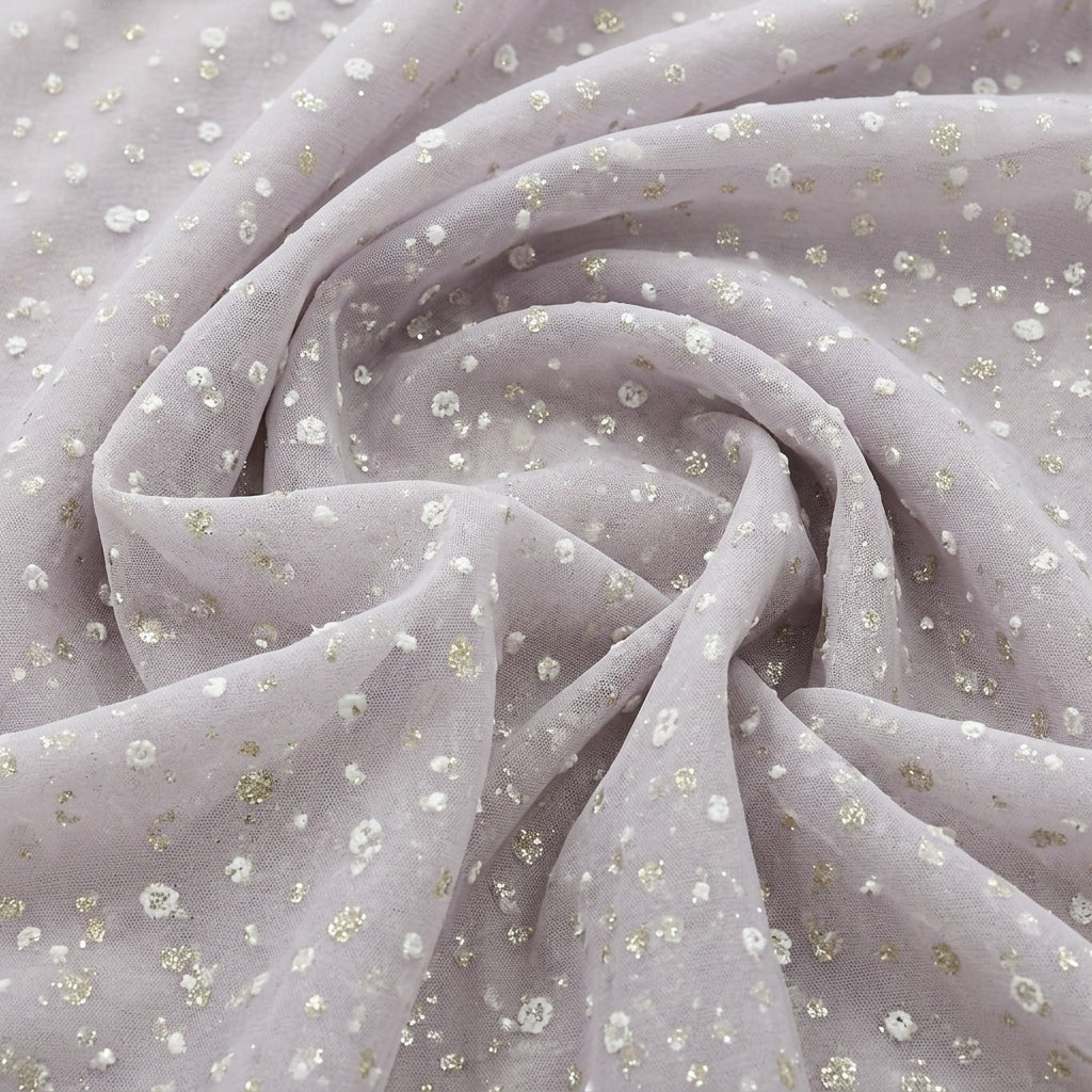 Swirled Light Lavender Butta Organza Fabric Showing Dusted Glitter and Drape