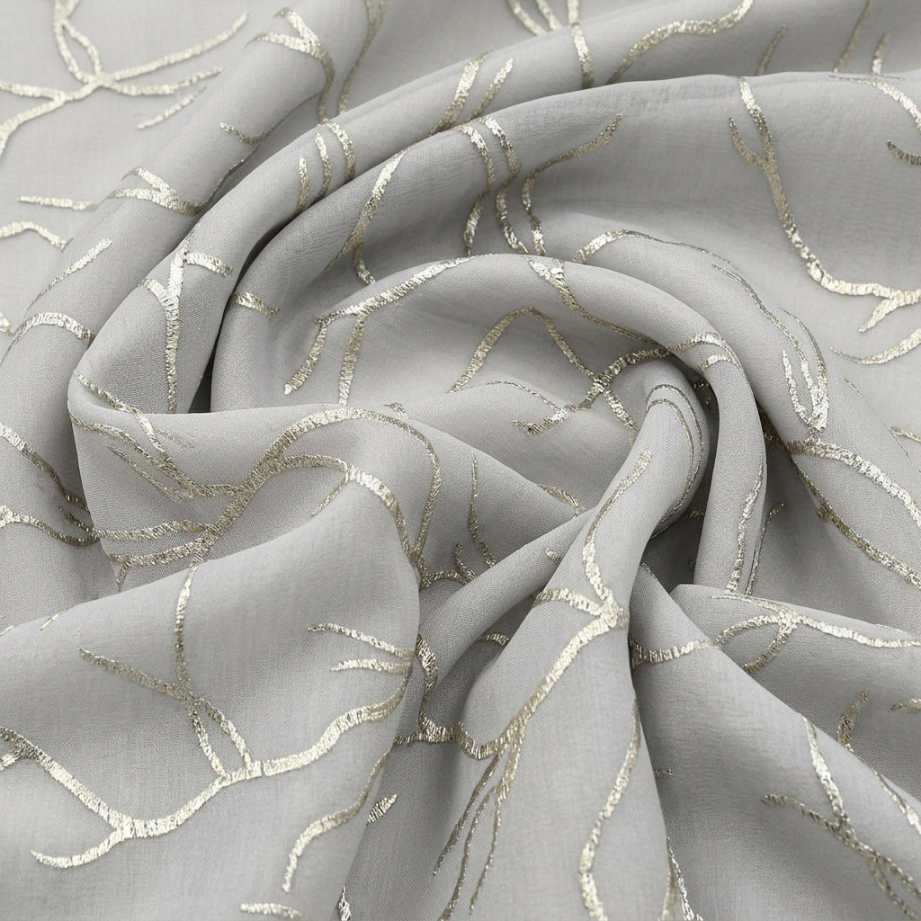 Swirled Dark Grey Zari Organza Fabric Showing Drape