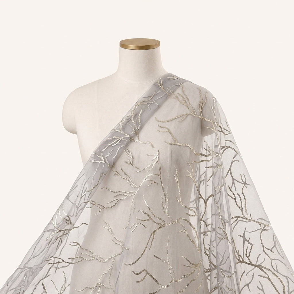 Dark Grey Zari Organza Fabric Draped as a saree