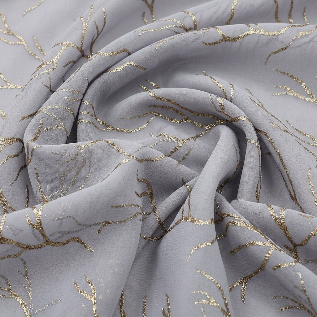 Swirled Lavender Zari Organza Fabric Showing Drape