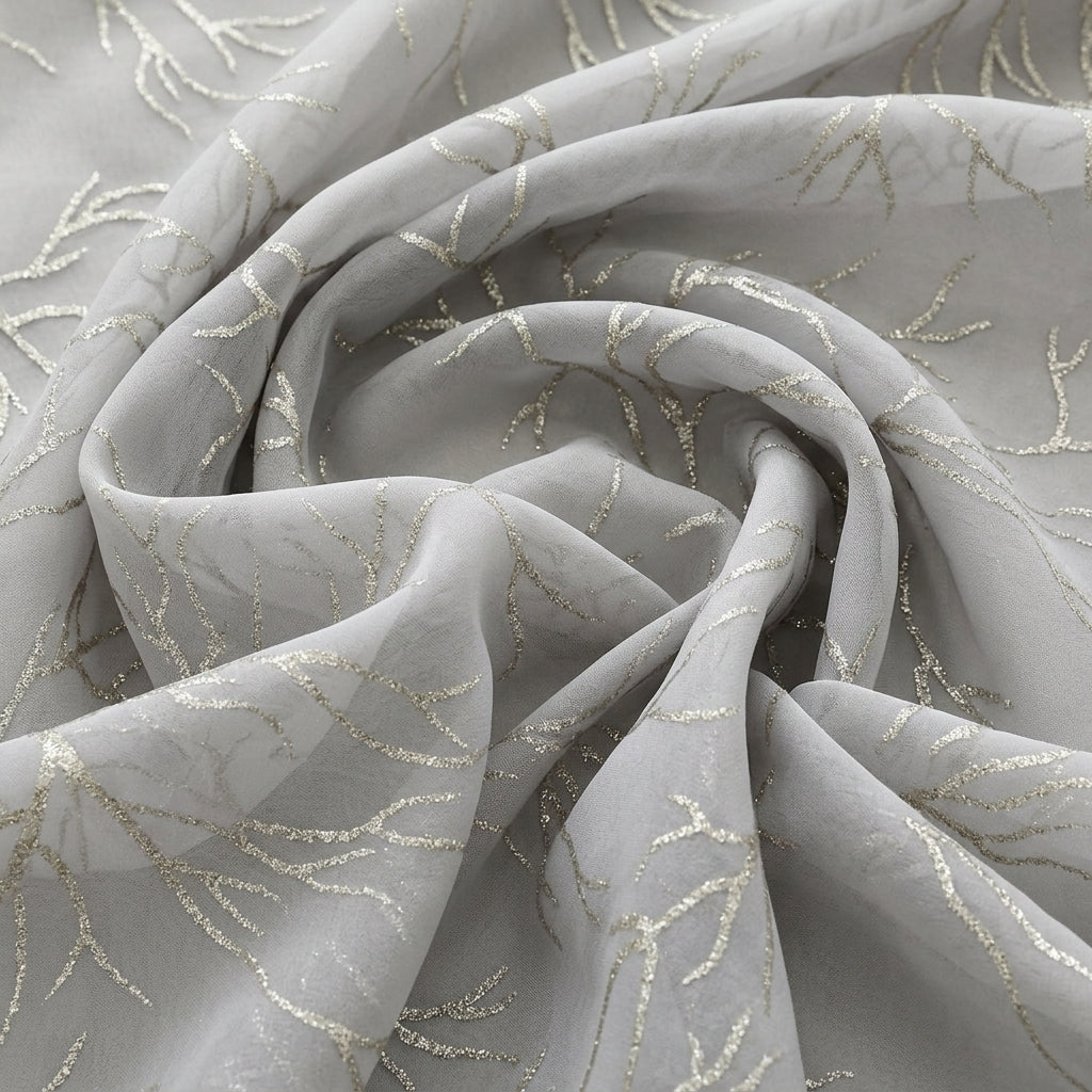 Swirled Ash Blue Zari Organza Fabric Showing Drape