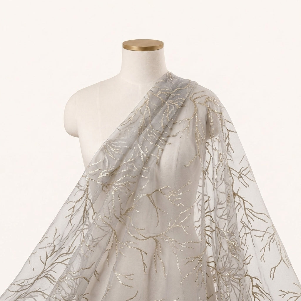 Ash Blue Zari Organza Fabric Draped as a saree
