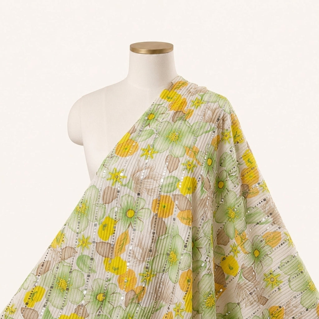 White Floral Lycra Fabric Draped as a saree