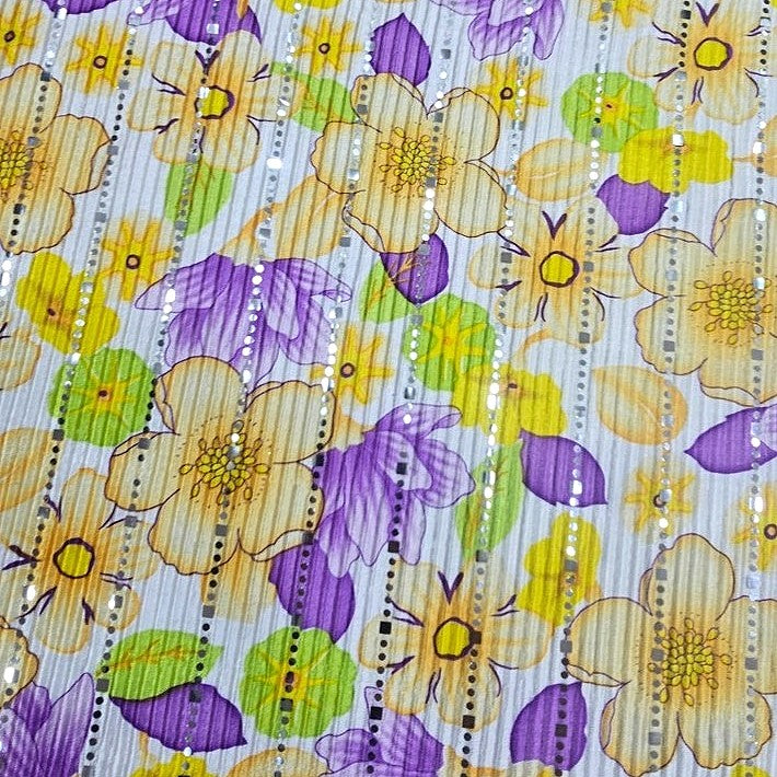 Violet Floral Lycra Fabric, laid flat