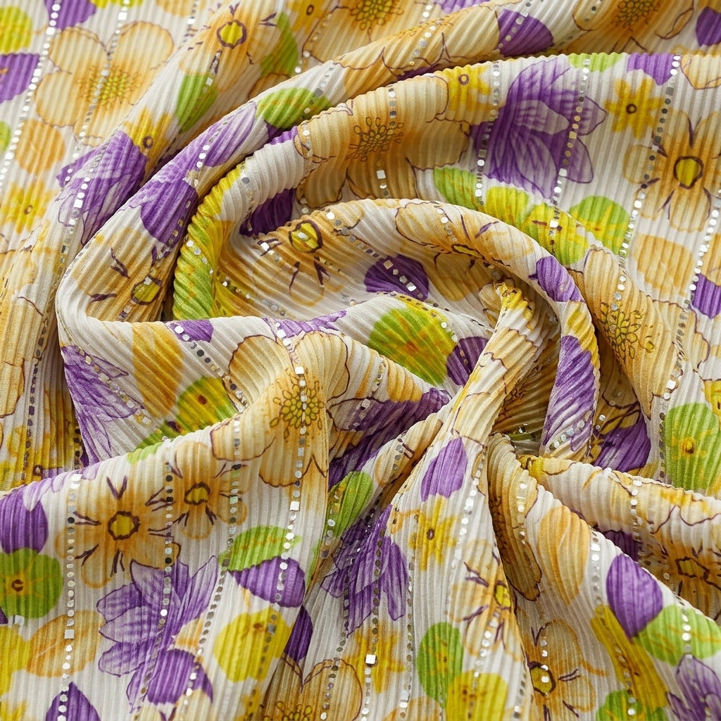 Swirled White Floral Lycra Fabric Showing Mirror Work Crushed and Drape