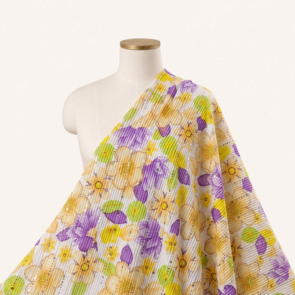 White Floral Lycra Fabric Draped as a saree