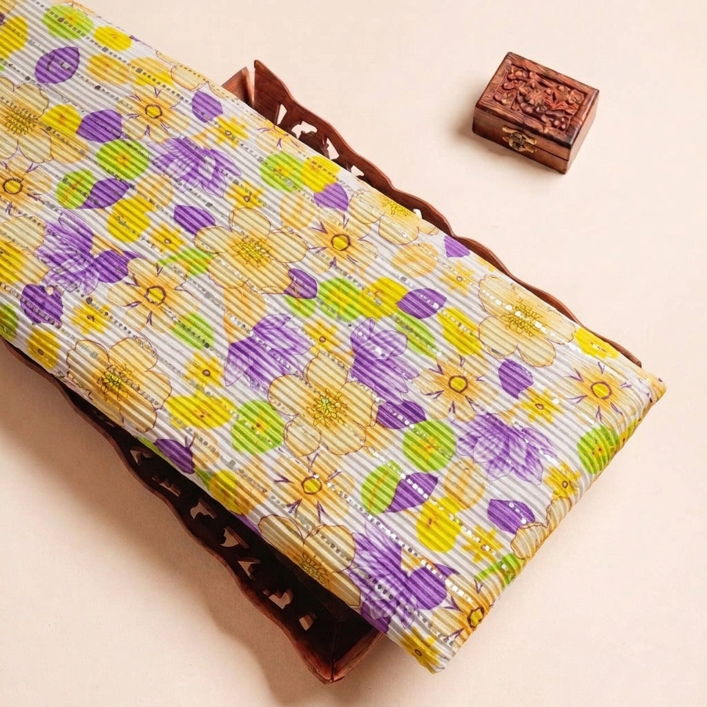 Folded White Floral Lycra Fabric Highlighting Mirror Work Crushed and Texture
