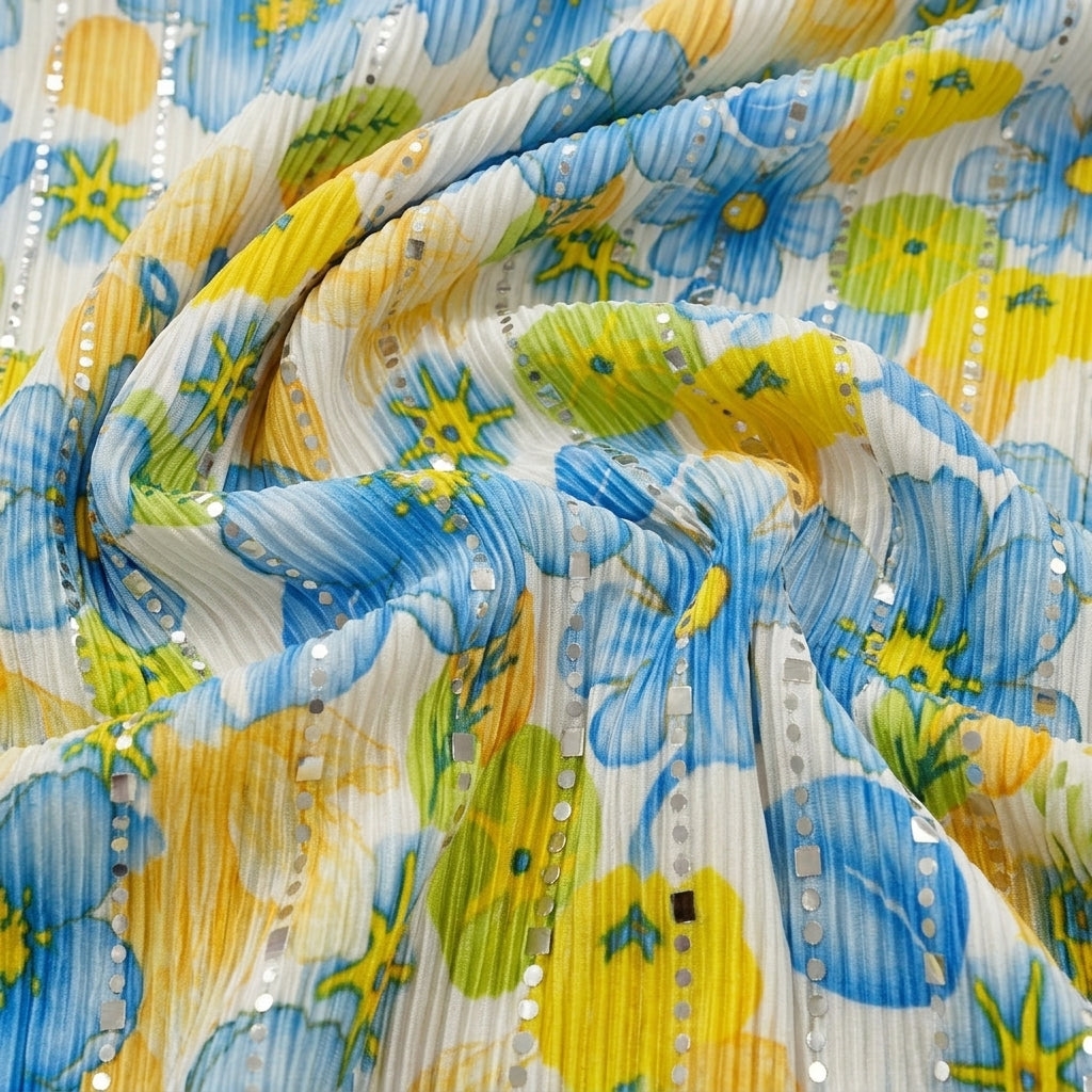 Swirled White Floral Lycra Fabric Showing Mirror Work Crushed and Drape
