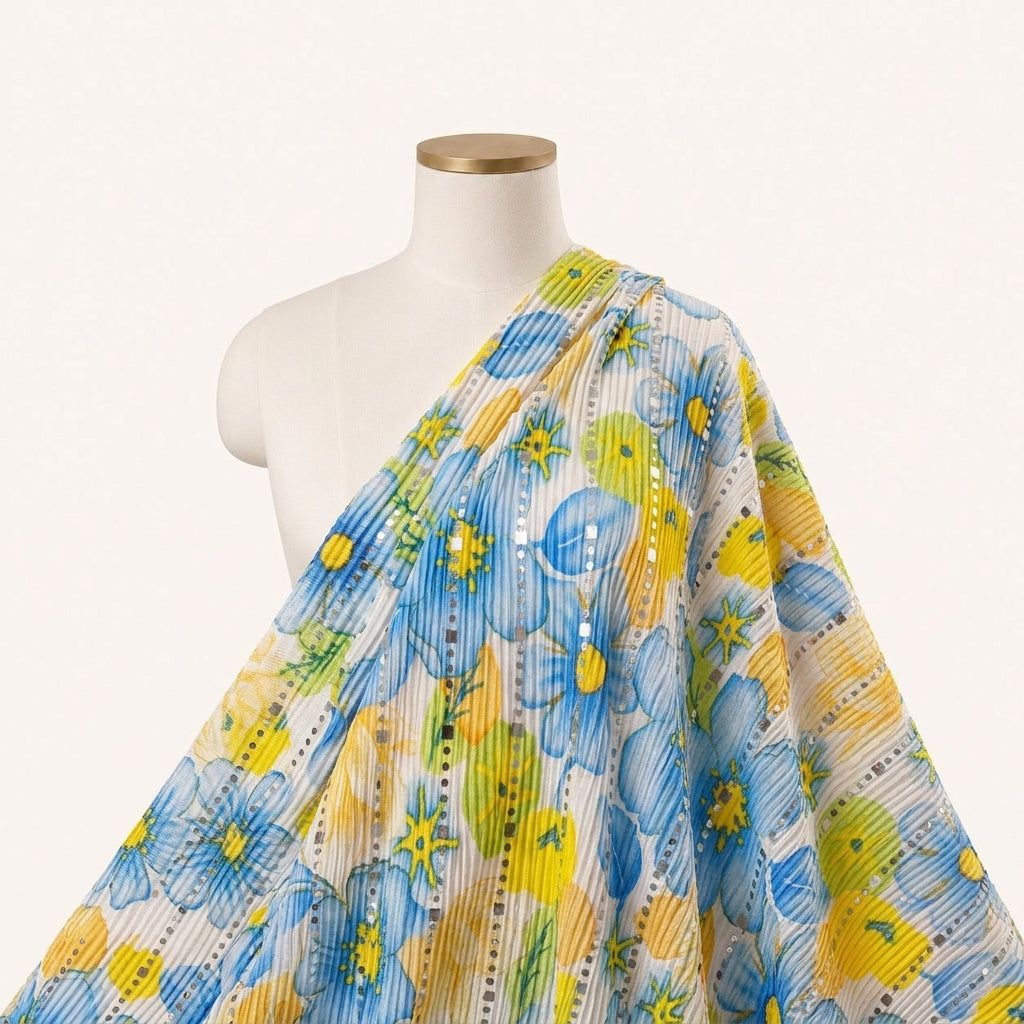 White Floral Lycra Fabric Draped as a saree