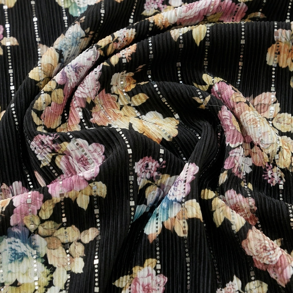 Swirled Black Floral Lycra Fabric Showing Mirror Work Crushed and Drape