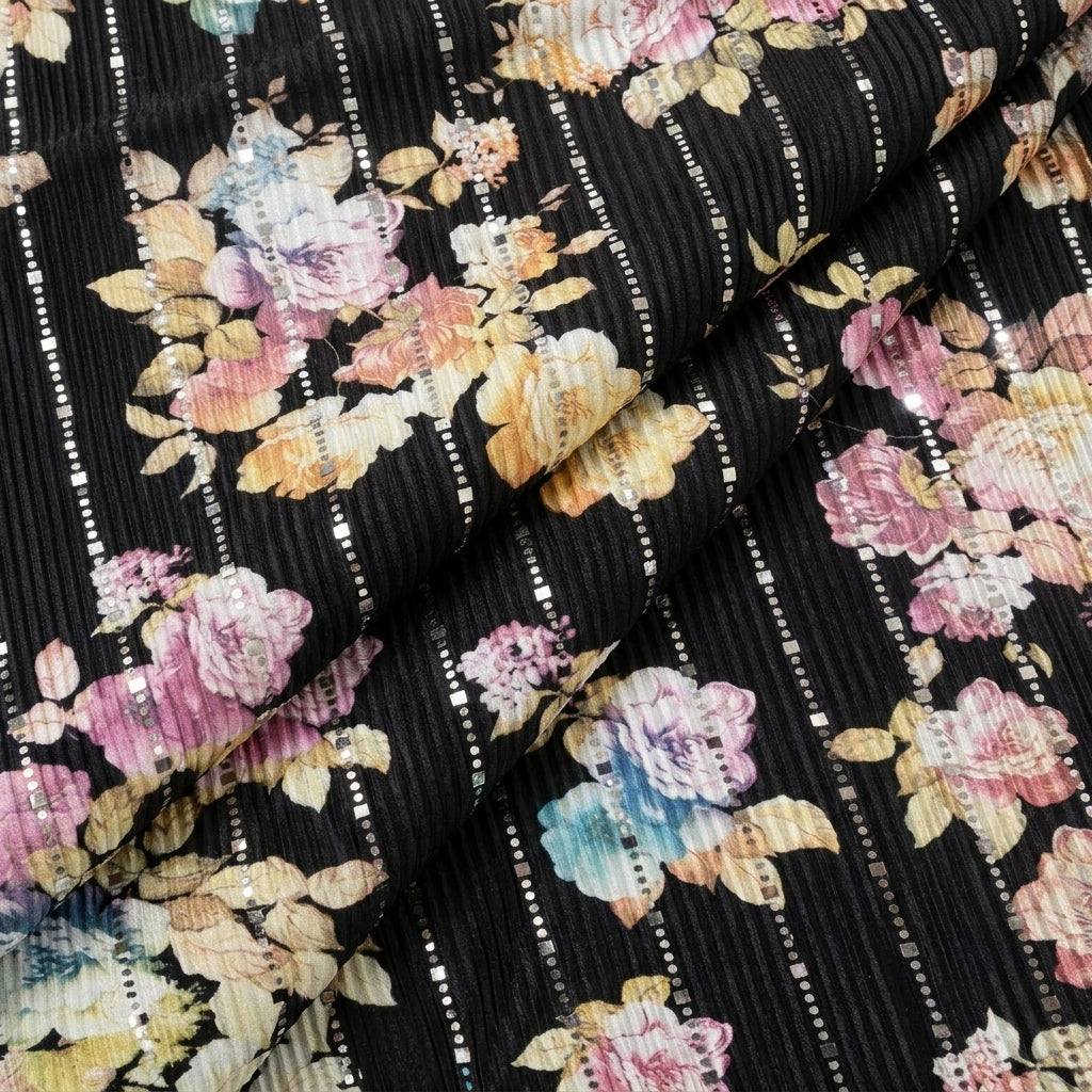 Folded Black Floral Lycra Fabric