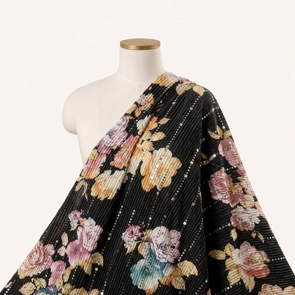 Black Floral Lycra Fabric Draped as a saree
