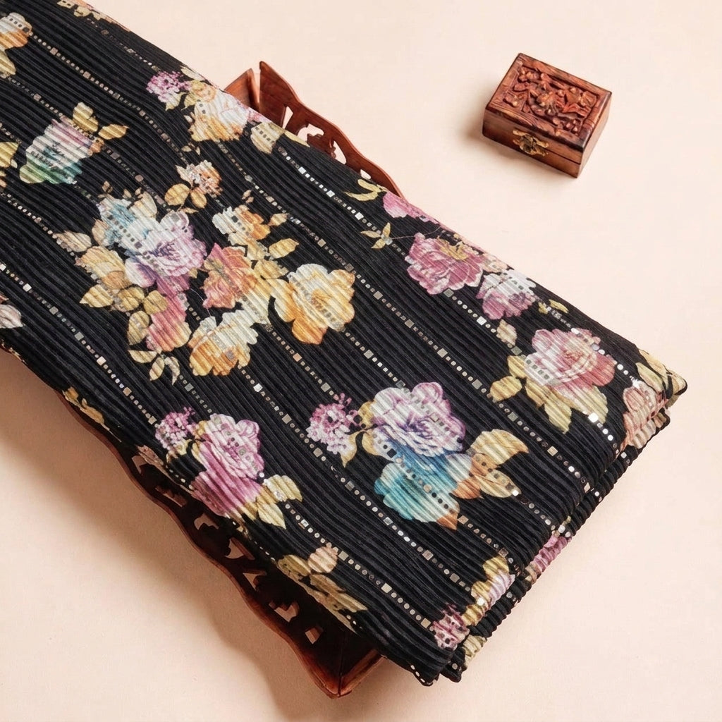 Black Floral Lycra Fabric, folded