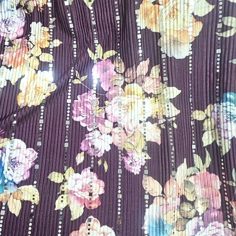 Purple Floral Lycra Fabric, laid flat