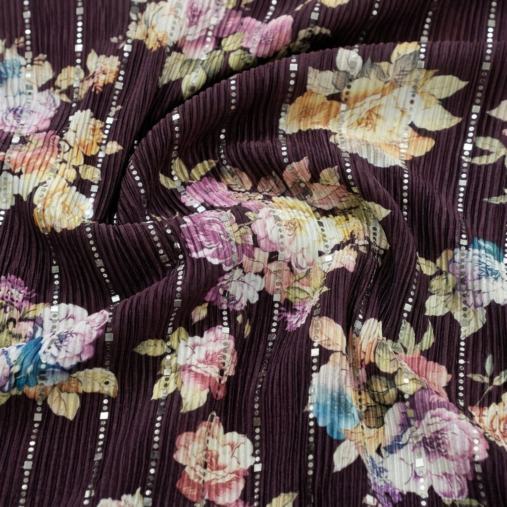 Swirled Purple Floral Lycra Fabric Showing Mirror Work Crushed and Drape