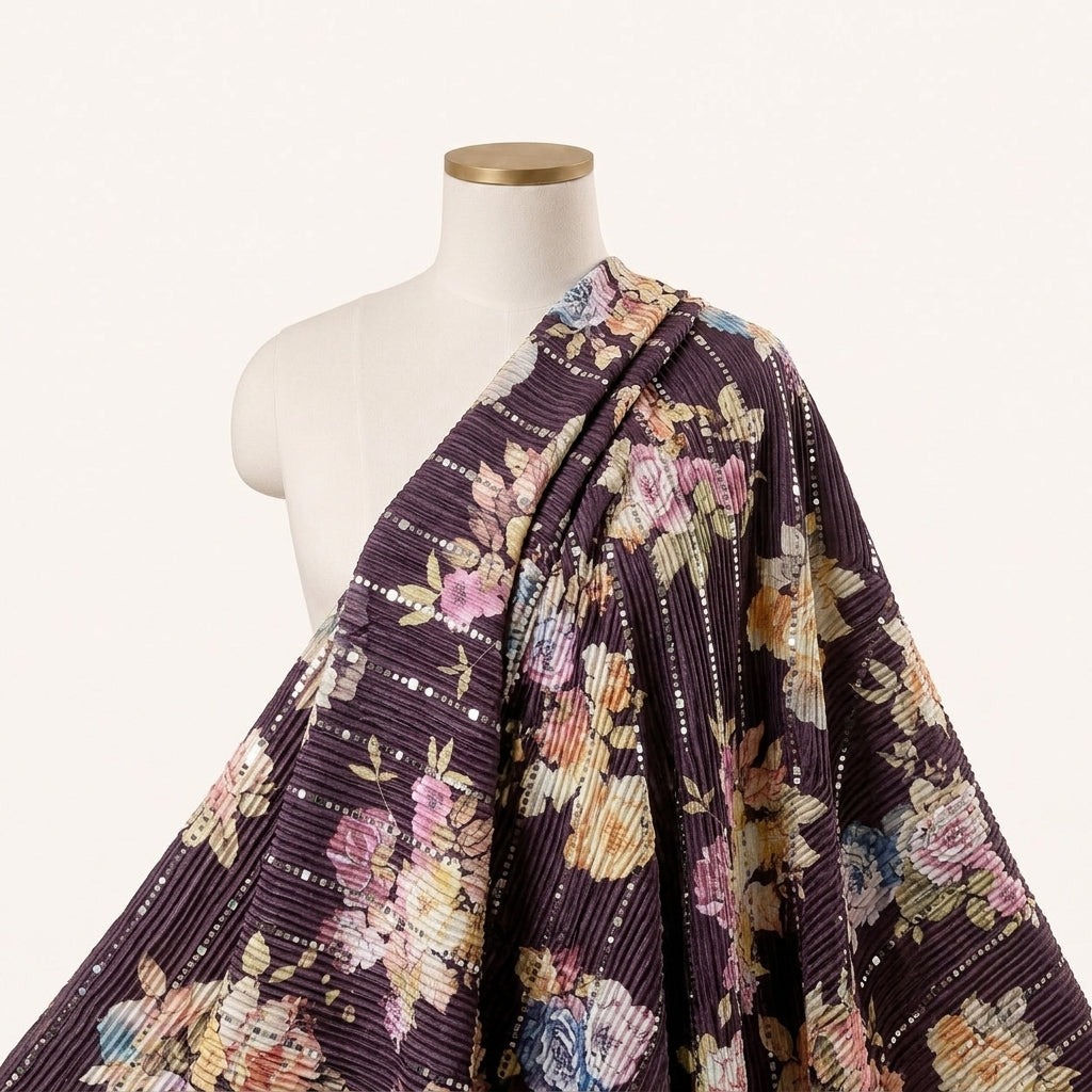 Purple Floral Lycra Fabric Draped as a saree