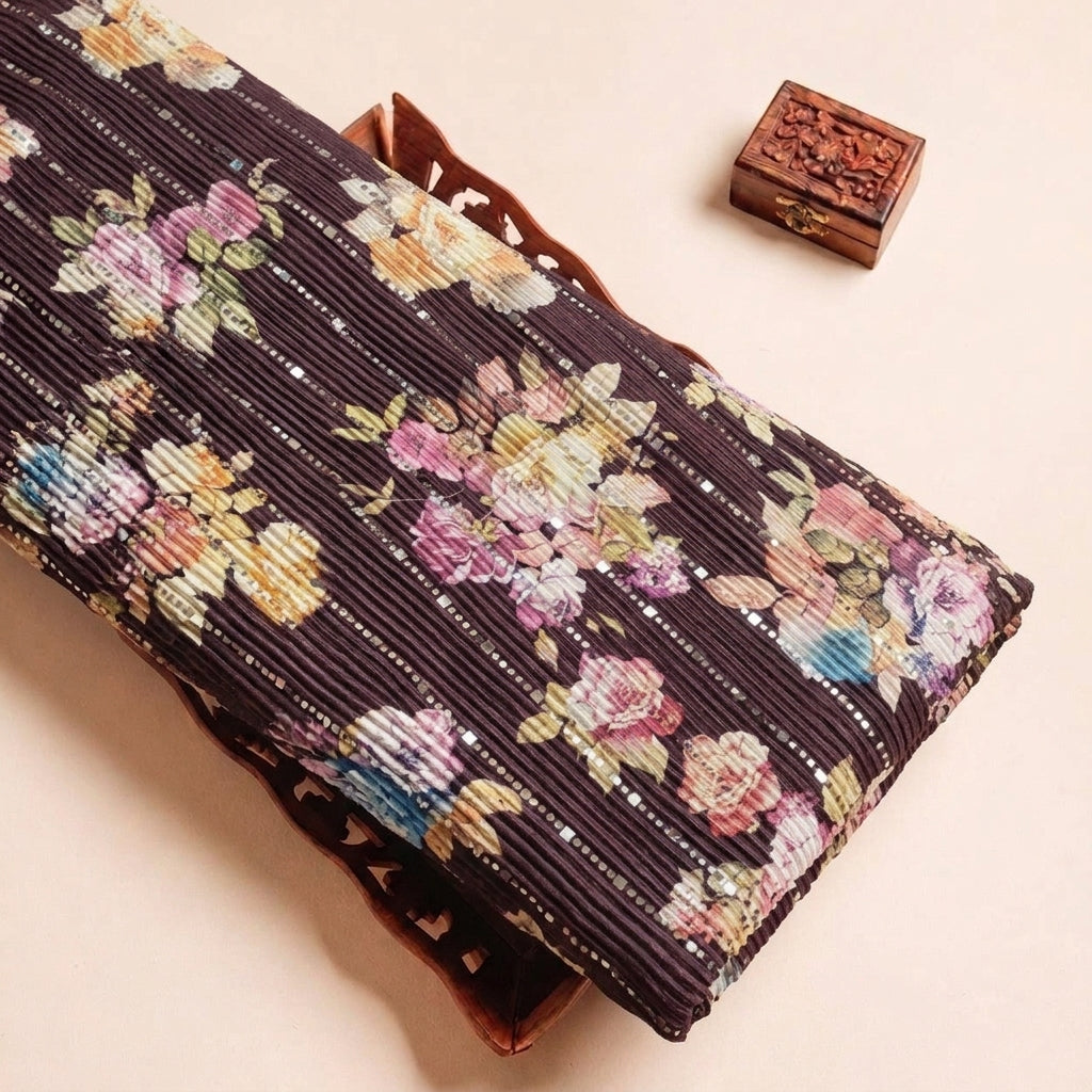 Purple Floral Lycra Fabric, folded