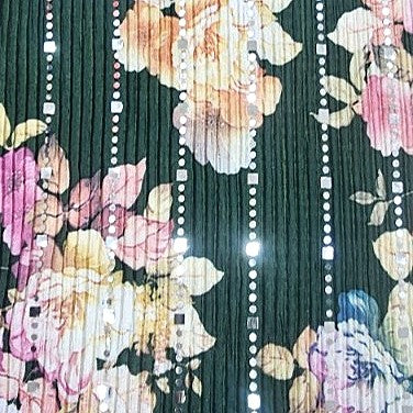 Green Floral Lycra Fabric, laid flat