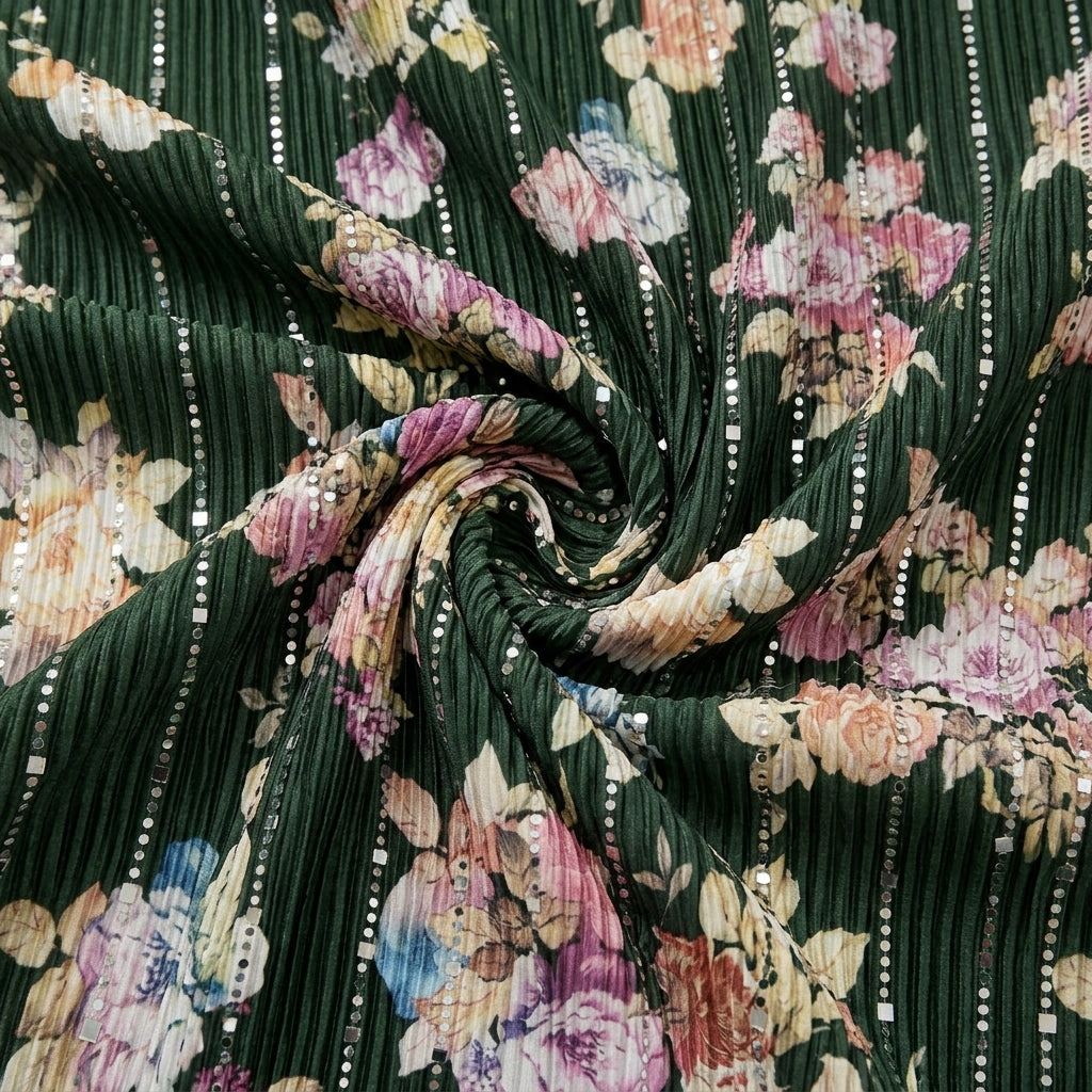Swirled Green Floral Lycra Fabric Showing Mirror Work Crushed and Drape