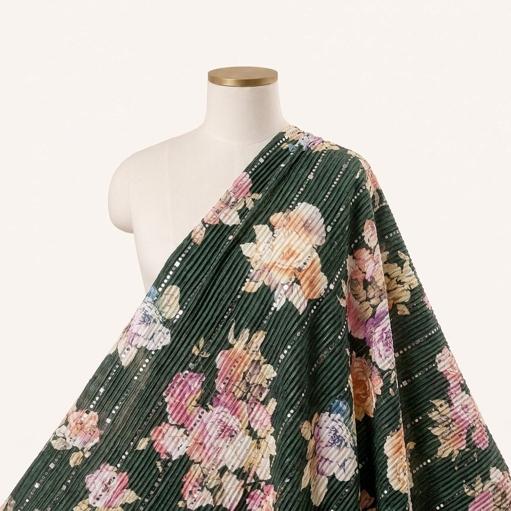 Green Floral Lycra Fabric Draped as a saree