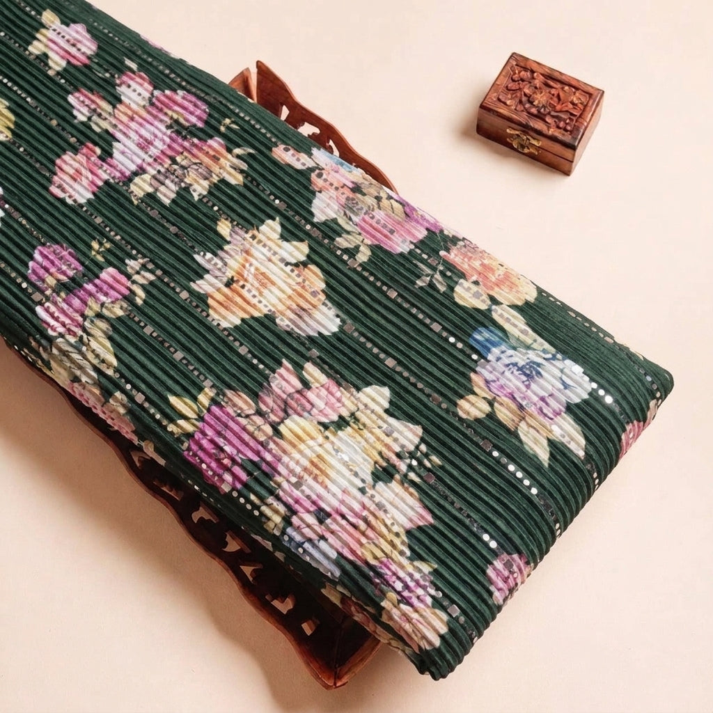 Folded Green Floral Lycra Fabric Highlighting Mirror Work Crushed and Texture