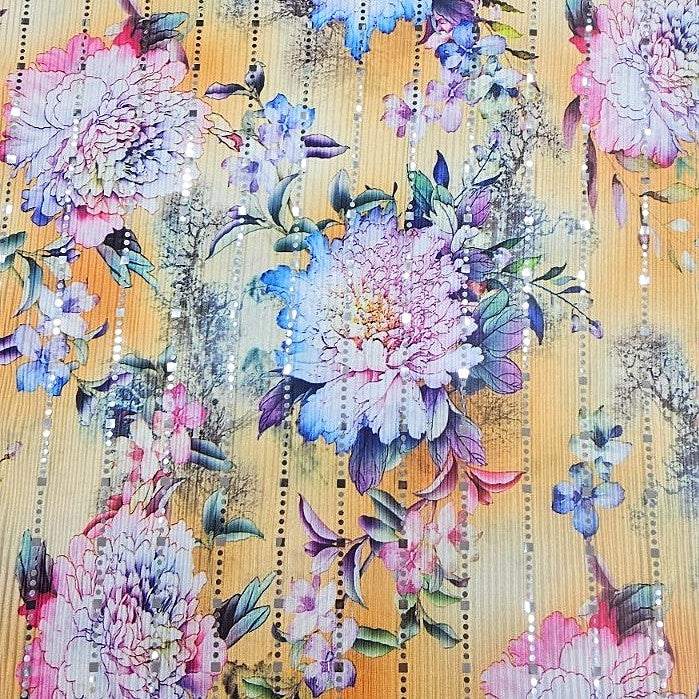 Yellow Floral Lycra Fabric, laid flat