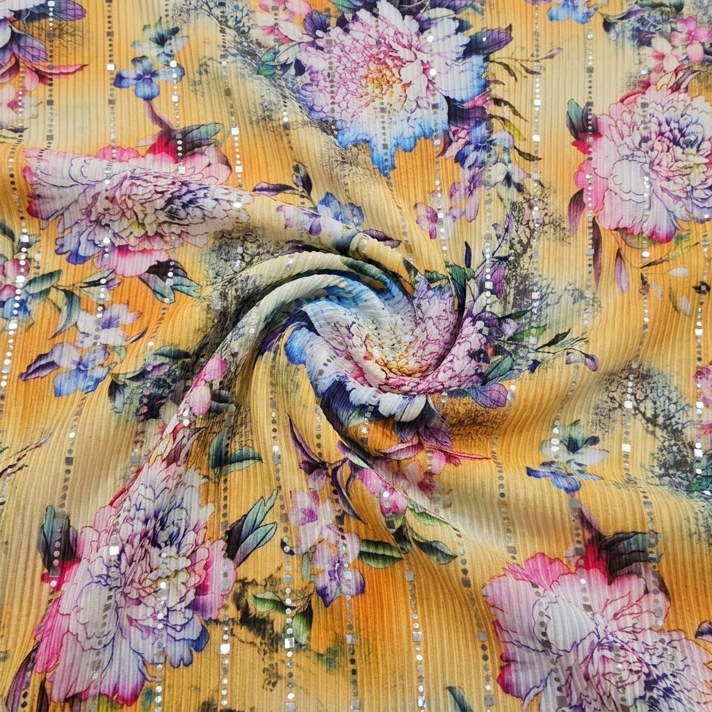 Swirled Yellow Floral Lycra Fabric Showing Stretch Mirror Work Crushed and Drape