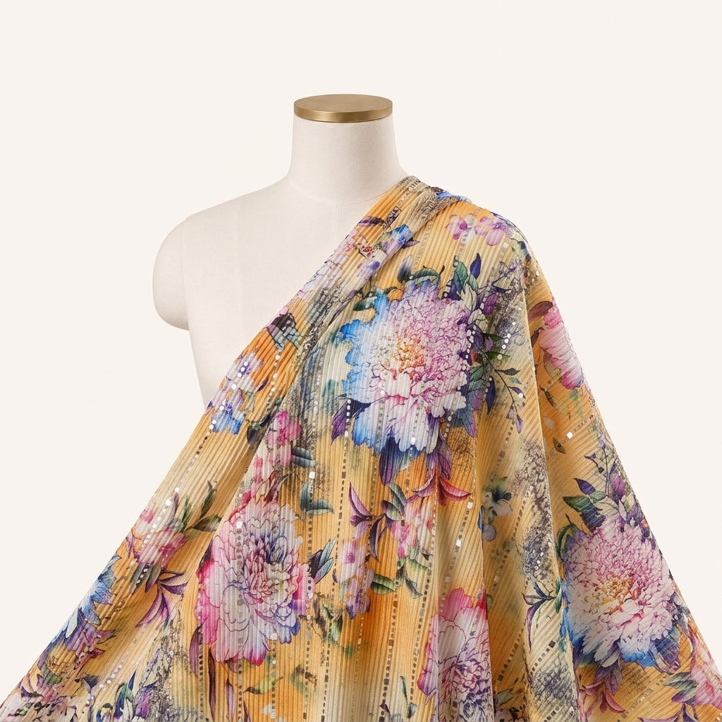 Yellow Floral Lycra Fabric Draped as a saree